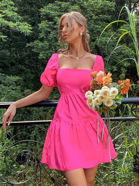 Hot Pink Dress Casual, Pink Dress Outfit Casual, Retro Dress Outfits, Boho Dress Outfit, Pink Dress Outfits, White Dress Outfit, Pink Dress Short, Hot Pink Dress, Pink Summer Dress