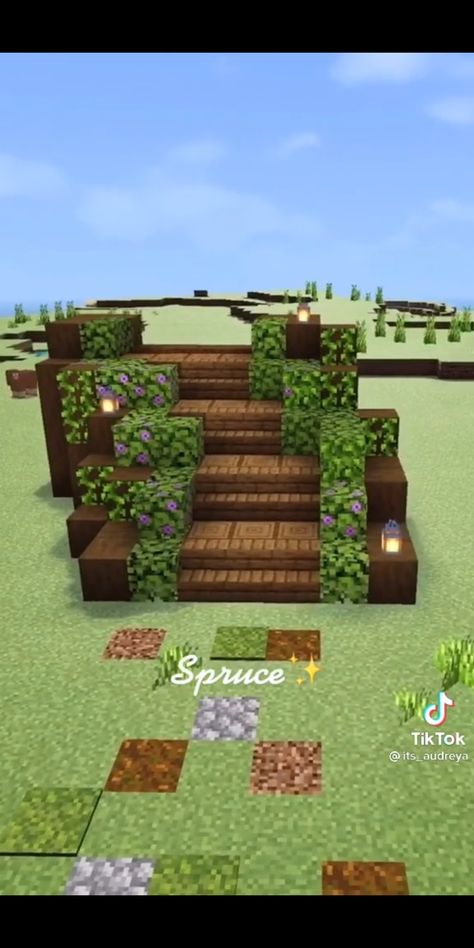 Minecraft Steps Ideas, Minecraft Staircase Design Mountain, Minecraft Staircase Ideas Outside, Outdoor Staircase Minecraft, Minecraft Stairway Up Mountain, Cute Minecraft Stairs Outside, Minecraft Sitting Area Outside, Exterior Design Minecraft, Front Yard Minecraft