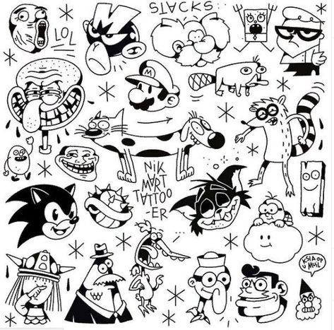 Here are the Crazy cartoon tattoo design you might like ❤️ | Cartoon | Tattoo designs Tato Flash, Art Flash, Arte Doodle, Cartoon Character Tattoos, Muster Tattoos, Flash Tattoo Designs, Tattoo Flash Sheet, Doodle Tattoo, 90s Cartoon