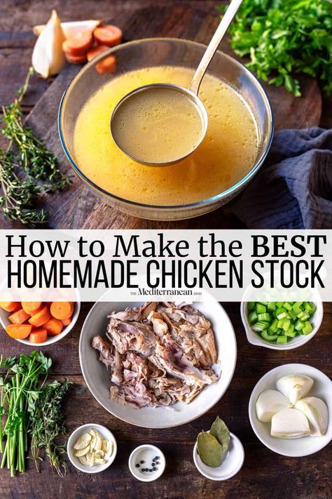 Put that chicken carcass to good use and make homemade chicken stock! You just need a little time, chicken bones, carrots, celery and onion and that golden elixir is ready for soups, stews or pan sauces. Learning how to make chicken stock is easier than you think! Homemade Chicken Broth From Rotisserie, How To Make Chicken Stock, Chicken Stock From Rotisserie Chicken, Rotisserie Chicken Stock, Home Made Chicken Broth, Make Chicken Stock, Chicken Bone Broth Recipe, Soup Dishes, Make Chicken Broth