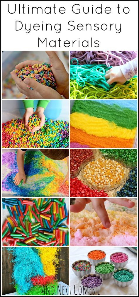 Rainbow sensory play guide: how to dye sensory bin fillers from oats to rice to salt from And Next Comes L Sensory Bin Fillers, Baby Zintuiglijk, Sensory Materials, Rainbow Sensory, Sensory Boxes, Sensory Bottles, Sensory Table, Kids Sensory, Sensory Bin