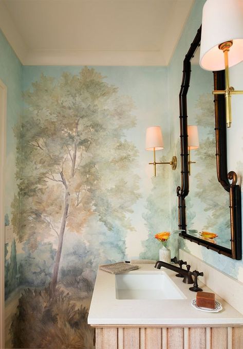 Kelley Flynn designed bathroom with gorgeous Barringtons Rich mural by Susan Harter. Peaceful Timeless Trompe-l'oeil Wall Murals to Inspire as well as breathtaking design inspiration. Susan Harter, French Country Bathroom, Scenic Wallpaper, Powder Room Design, Bathroom Design Inspiration, Classic Bathroom, Furniture Office, Trendy Bathroom, Mural Design