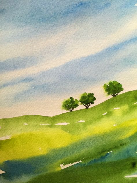 Simple Landscape Paintings Watercolour, Watercolor Drawing Landscape Easy, Spring Watercolor Painting Landscape Easy, Watercolor Hills Landscapes, Watercolor Loose Landscape, Ink And Watercolor Art Landscape, Water Colors Painting Landscaping, How To Paint Watercolor Landscapes, Watercolor Farm Landscape