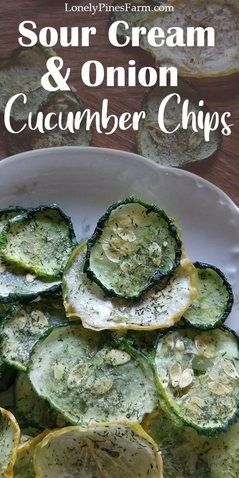 Overrun with cucumbers? Looking for a new side dish? Today I'll teach you how to make sour cream & onion cucumber chips! They're a delicious, low-calorie, low-carb snack - that can easily be made keto or paleo. These cucumber chips will be a big hit at your next BBQ! Pairs perfectly with hot dogs & hamburgers. So crunchy & flavorful - the kids won't even complain that they're cucumbers! Don't forget these chips for the perfect, guilt-free snack. We love them on movie night! Low Calorie Chip Alternative, Garden Preservation, Cucumber Chips, Homestead Cooking, Root Cellars, Make Sour Cream, Healthy Summer Snacks, Homestead Recipes, Freeze Dryer