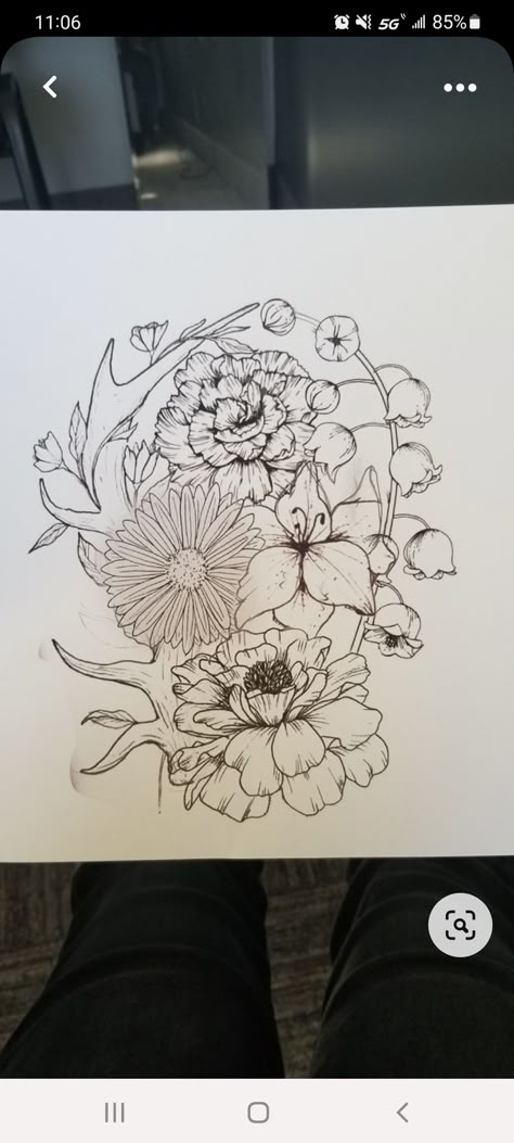 Country Shoulder Tattoos, Floral Outdoor Tattoo, Country Floral Tattoo, Western Sleeves Designs, Horns And Flowers Tattoo, Female Hunter Tattoo, Tiny Antler Tattoo, Antler Floral Tattoo, Antler Sleeve Tattoo