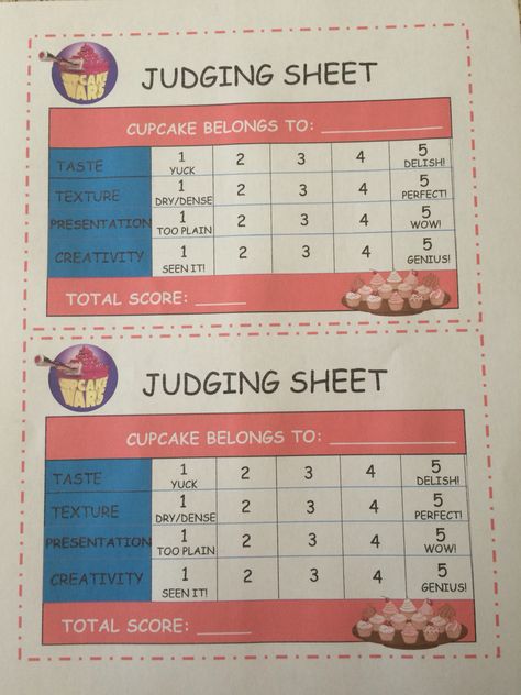 #cupcakewar #cupcakewars #party #cupcakes   Just a simple printable grading sheet for the cupcake judges based on taste, texture, presentation, and creativity. Pie Contest Judging Sheet, Cookie Contest Judging Sheet, Grading Sheet, Cupcake Wars Party, Christmas Door Decorating, Baking Birthday Parties, Cookie Contest, Baking Contest, Junior Chef