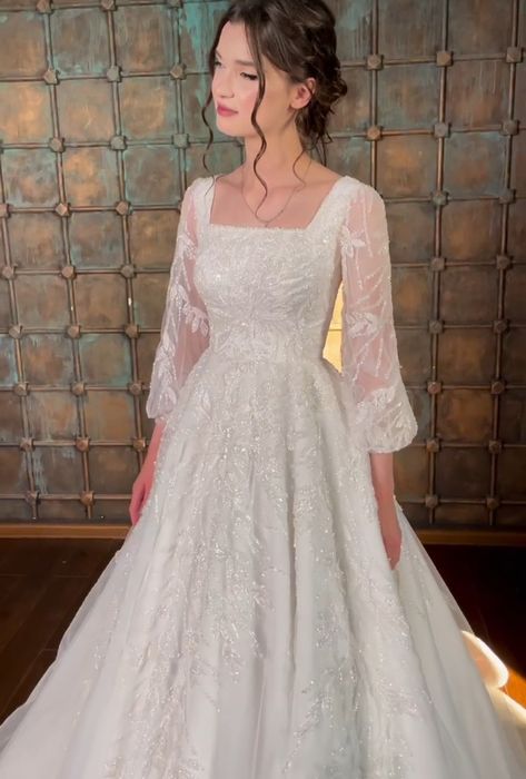 Princess Aline Wedding Dress, Square Neck Wedding Dress With Sleeves Lace, Wedding Dresses With Bishop Sleeves, Square Neck Cap Sleeve Wedding Dress, Modest Ball Gown Wedding Dress, Long Sleeve Floral Wedding Dress, Old Hollywood Wedding Hair, Simple Modest Wedding Dresses, Wedding Hair Black Women