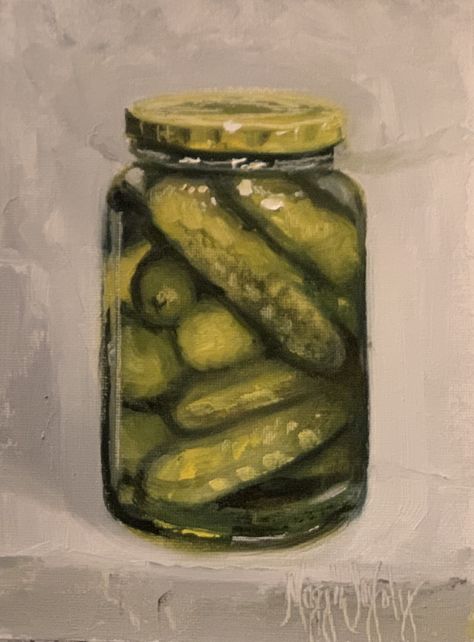 A modern still life in oil captures a really mundane item from my pantry . Oil Still Life Modern Painting, Pickles Painting, Pickle Painting, Pickle Poster, Modern Still Life Painting, Modern Still Life, Lyric Book, Ap Drawing, Ceramic Decoration