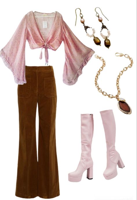 70s Girly Outfits, Pink 70s, 80s Pink Outfit, 70s Cute Outfits, 1970s Aesthetic Outfits, Pink Bohemian Outfits, 70s Glam Outfit, Pink Hippy Outfit, Brown And Pink Outfit Ideas