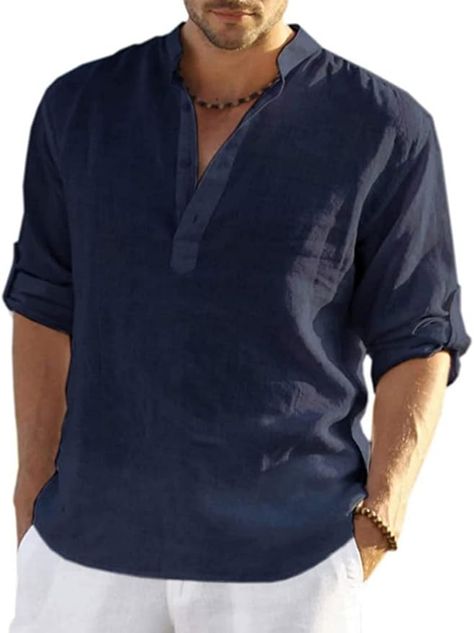 PADOLA Men's Casual Shirts Linen Shirts Henley Long Sleeve Shirts Casual Cotton Shirt Band Collar Henley Shirt Button Down Summer Lightweight Tops (Navy Blue, M) : Amazon.co.uk: Fashion Mens Linen Shirts Casual, Sport Shirts, Linen Shirt Men, Casual Long Sleeve Shirts, Mens Linen, Linen Casual, Comfort Design, Linnet, Slim Fit Shirt