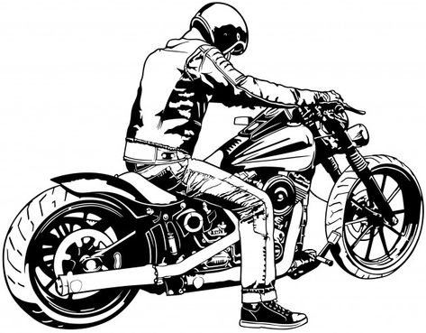 Black and white biker on a motorcycle | Premium Vector #Freepik #vector Harley Davidson Kunst, Bike Logos Design, Moto Harley Davidson, Bright Colors Art, Motorcycle Tattoos, Motorcycle Drawing, White Motorcycle, Harley Davidson Art, Bike Sketch