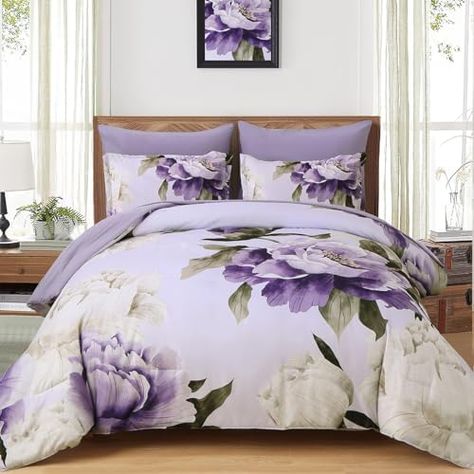 Dobuyly Purple King Size Comforter Set 7 Piece Bed in a Bag King, Purple Floral Printed on Light Purple Comforter Set with Sheets, Soft Microfiber Botanical Complete Bedding Set for All Season Purple Comforter Set, Purple King, Queen Purple, Purple Comforter, Purple Room Decor, Light Purple Background, King Size Comforter Sets, Complete Bedding Set, Floral Comforter Sets