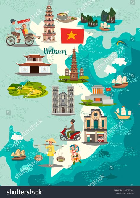 Vietnam map vector. Illustrated map of Vietnam for children\u002Fkid. Cartoon abstract atlas of Vietnam with landmark and  #Ad , #sponsored, #childrenu002Fkid#Cartoon#abstract#Illustrated Travel Cartoon, Cartoon Abstract, Singapore Map, Vietnam Map, Kid Cartoon, Vietnamese Language, Vietnam Voyage, Vietnam Art, Country Maps