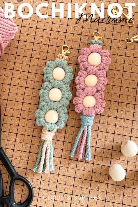 Stop settling for bland keychains! Level up your accessory game with our captivating DIY macrame keychain pattern.

Dive into the world of macrame and explore intricate knots and stunning designs to add a personal touch to your keys.

Whether you're a beginner or an expert, our step-by-step guide makes crafting effortless, ensuring you create a unique masterpiece every time.

Visit www.bochiknot.com for all your macrame cord and supplies, and start crafting your stylish keychain today! Macrame Keychain Tutorials, Macrame Keychain Pattern, Keychain Diy Easy, Diy Macrame Keychain, Macrame For Beginners, Diy Daisy, Keychain Macrame, Macrame Flower, Free Macrame Patterns