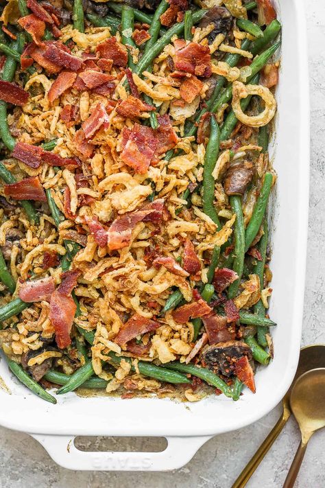 Green Bean Casserole with Bacon - a delicious and easy Thanksgiving or Holiday recipe that the whole family will love! #greenbeancasserolewithbacon #greenbeancasserolewithbaconeasy #greenbeancasserole #greenbeancasserolewithbaconandmushrooms Loaded Green Bean Casserole, Dairy Free Green Bean Casserole, Green Bean Casserole With Bacon, Thanksgiving Casseroles, Gluten Free Green Bean Casserole, Paleo Holiday Recipes, Green Been, Crockpot Green Beans, Thanksgiving Casserole Recipes