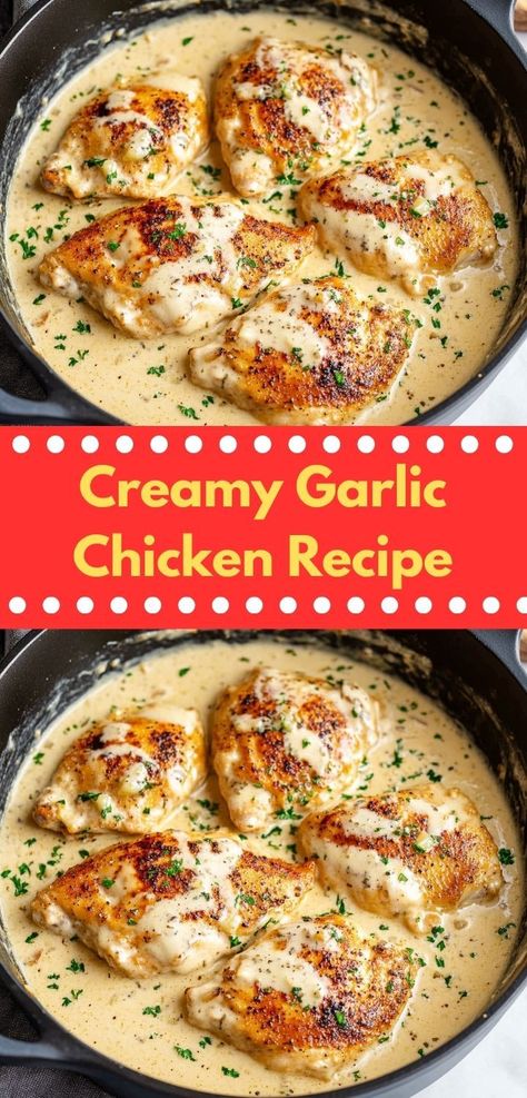 Need a quick and flavorful meal? Discover this Creamy Garlic Chicken recipe, an easy dinner idea that brings together savory garlic and creamy goodness, making it a family favorite for busy weeknight dinners. Kid Friendly Chicken Breast Recipes, Garlic Cream Chicken, Dutch Oven Chicken Breast, Chicken Thighs In Oven, Easy Oven Recipes, Chicken Breast Oven Recipes, Creamy Garlic Chicken Recipes, Dutch Oven Chicken, Garlic Chicken Recipe