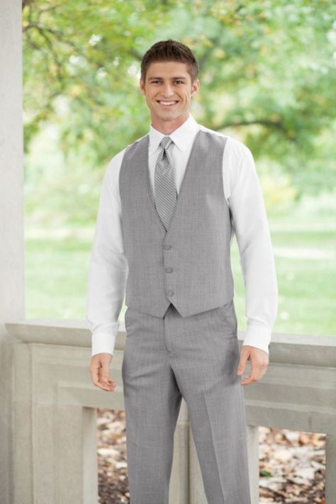 Jos. A. Bank Modern Jacketless Heather Grey Style F332 would look better with sleeves rolled up: Beach Wedding Mens Attire, Beach Wedding Groom Attire, Mens Beach Wedding Attire, Beach Wedding Groom, Wedding Vest, Wedding Tux, Beach Wedding Attire, Vest And Tie, Mens Attire