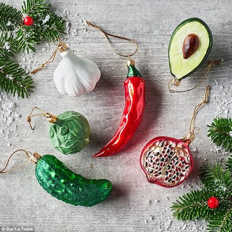 Eat up! Meanwhile, Sur La Table has a whole bunch of ornaments shaped like food, including a pickle, a Brussels sprout, and a pomegranate Felt Food Ornaments, Food Christmas Ornaments, Christmas Vegetables, Baker Gifts, Pickle Ornament, Pinterest Christmas, Food Christmas, Christmas Decorations Cheap, Brussels Sprout