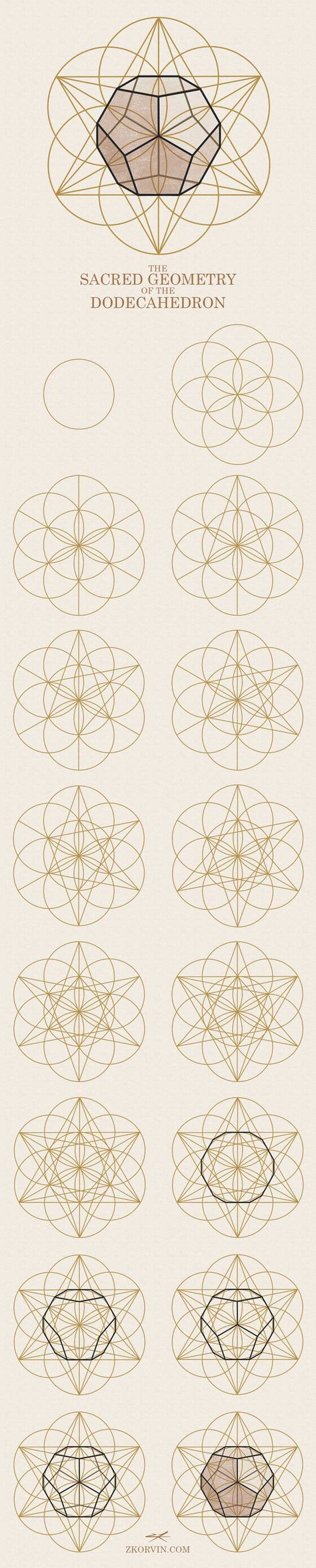 Step by step chart on how to draw the dodecahedron using sacred geometry. Geometry Shapes, How To Draw The Flower Of Life, Dodecahedron Tattoo, Geometry Drawing, Dodecahedron Art, Flower Of Life Tutorial, How To Draw Sacred Geometry Step By Step, Platonic Solids Art, Draw Sacred Geometry