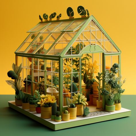 Greenhouse Diorama, Greenhouse Miniature, Paper Maquette, 3d Textiles, Plant Greenhouse, Garden Diorama, Miniature Greenhouse, Sustainable House Design, Diy Succulent Terrarium