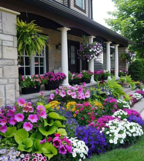 Flowers In Front Of House Ideas, Front Sidewalk Flower Bed Ideas, Dalia Garden, Annual Flower Beds Design, Front Yard Design Ideas, Garden Home Ideas, Landscape Ideas Front Yard Curb Appeal, Yard Design Ideas, Yard Landscape Ideas