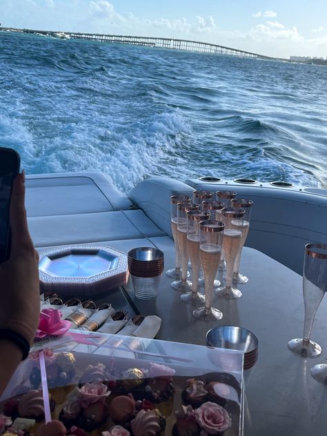 Champagne, rose gold, rose, pink, ocean, Miami, birthday, party Boat Party Aesthetic, Yacht Birthday, 22nd Bday, 20th Bday, 25th Bday, Birthday 21, 32nd Birthday, Highest Version, Dream Boat