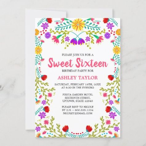 Sweet Sixteen White Mexican Fiesta Folk Art Floral #sweet16 #floral #girly #flower #modern #mexicanfiesta #folkart #white #colorful #pretty Flower Birthday Invitations, White Mexican, Quinceanera Pink, Folk Art Floral, 16 Invitations, Quinceanera Invitation, Mexican Flowers, Sweet Sixteen Invitations, Quinceanera Themes