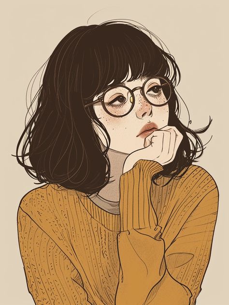 🌟🎁Charming Illustrations with Midjourney Prompts: Follow the Link in my Bio🔗👀 Woman With Glasses Drawing, Looking In Mirror Illustration, Girl With Glasses Art, Thick Dark Hair, Girl Illustration Art, Illustration Window, Woman With Glasses, ليلو وستيتش, Girl With Glasses