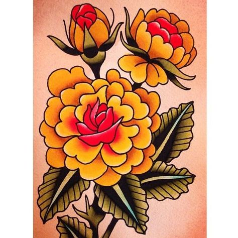 Marigold Flower Tattoo American Traditional, Chrysanthemum American Traditional Tattoo, Marigold Flower Tattoo Traditional, Neo Traditional Marigold Tattoo, American Traditional Marigold Tattoo, Marigold Tattoo Traditional, Marigold Traditional Tattoo, Mexican Marigold Tattoo, Traditional Flower Flash