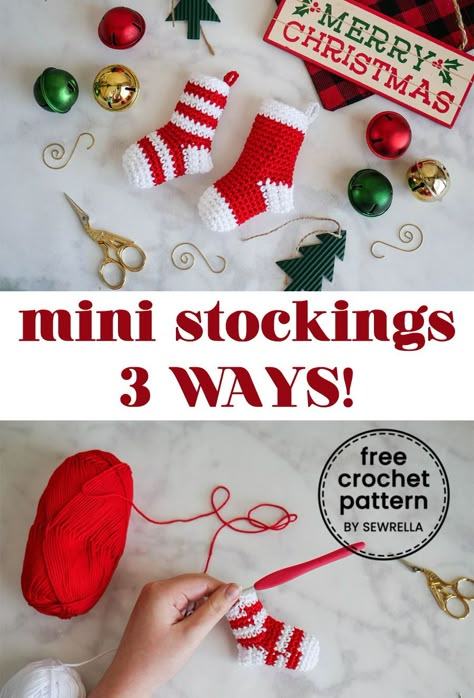 Mini Christmas Stockings Diy, Crochet Mini Stocking Pattern Free Easy, Small Crochet Stocking Pattern, Crochet Christmas Stocking Ornament, Mini Christmas Stocking Pattern Free, Crochet Christmas Sock Ornament, Crochet Mini Christmas Stockings Free Pattern, Easy Gifts For Friends, Crochet Stockings Christmas