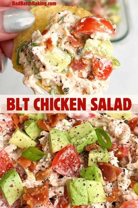 BLT Chicken Salad Low Calorie High Protein Chicken Salad, High Protein Chicken Salad, Blt Chicken Salad, Blt Chicken, Healthy Pasta Bake, Chicken Blt, Batch Baking, Chicken Broccoli Pasta, Chicken Caesar Pasta Salad