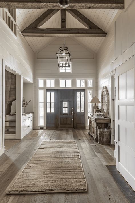 41 Mudroom and Entryway Ideas With Tips To Create Your Own Entry Trim Ideas, Vaulted Foyer Entryway, Entryway Built In Bench, Entry Way Decoration Ideas, Grand Foyer Ideas Entryway Entrance, Open Concept Foyer, Foyer Molding, Open Concept Entryway, Large Foyer Ideas Entryway