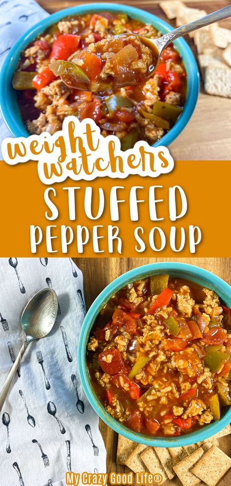 This Weight Watchers Stuffed Pepper Soup is a family friendly WW recipe! You're going to love this easy Weight Watchers Crock Pot Recipe. Stovetop and Instant Pot directions too. 1 Blue Point | 2… Instapot Weight Watchers Recipes, 0 Point Soups Weight Watcher Recipes, Ww Zero Point Crockpot Recipes, Simple Ww Dinners, Weight Watchers Crockpot Soup, Ww Recipes Crockpot, Ww Crockpot Soup Recipes, Ww Crockpot Soup, Ww Stew Recipe