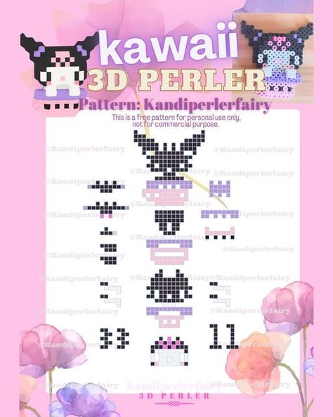 Sanrio Perler Bead Patterns 3d, 3d Perler Bead Patterns Tutorials, Sanrio Perler Bead Patterns, Diy Kuromi, Kandi Perler, Perler Pattern, Hama Beads 3d, Rainbow Loom Designs, Easy Perler Bead Patterns