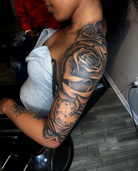 Arm Tattoo Ideas Black Women, Upper Arm Tattoos For Women Black, Full Shoulder Tattoos For Women, Arm Tattoos For Women Black, Shoulder Tats Black Women, Arm Cover Up Tattoos For Women, Full Sleeve Tattoos Women Black, Baddie Tats Arm Sleeve, Upper Arm Tattoos Black Women