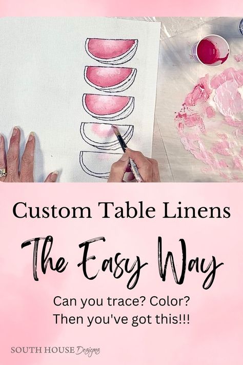 You have a vision! But you just can't find (or afford) the perfect placemats or table runners, or napkins to pull your dream tablescape together. Here's the answer! An easy diy for the non-artist to paint plain table linens to match your style, party theme, and dishes. And yes, these painted table linens are still soft and washable! Head over to our blog post for a detailed guide, complete with a step-by-step video. Your perfect tablescape awaits you! Hand Painted Napkins Diy, Hand Painted Placemats, Hand Painted Table Runners, Painted Placemats, Laundry Room Decorating, Diy Placemats, Easy Diy Paint, Hand Painted Table, Paint Fabric