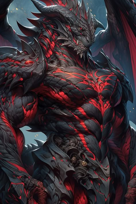 Black And Red Dragon Art, Beastman Fantasy Art, Dragon Man Hybrid, Dragon Warrior Art, Humanoid Dragon, Dungeons And Dragons Races, Dragon Man, Dragon God, Dragon Artwork Fantasy