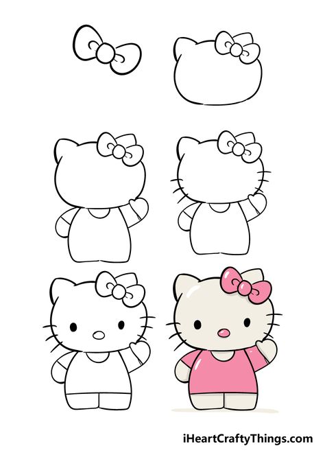 Step By Step Hello Kitty Drawing, How To Hello Kitty, Hello Kitty Tutorial To Draw, How To Draw Hello Kitty Face, How To Draw A Hello Kitty, Animals To Draw Step By Step, Draw By Step, Stuff To Draw Step By Step, Cute Things To Draw Step By Step