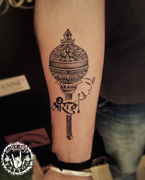 Body Arts Tattoo & Piercing on Instagram: “Hanuman Gada tattoo done @bodyartbtm Hindu god Hanuman represent strength, stamina and agility, all attributes of a champion…” Hanuman Gada Tattoo, Hanuman Gada, Hanuman Tattoo, Om Tattoo Design, Lord Shiva Sketch, God Hanuman, Shiva Sketch, Men Back, Mens Lion Tattoo