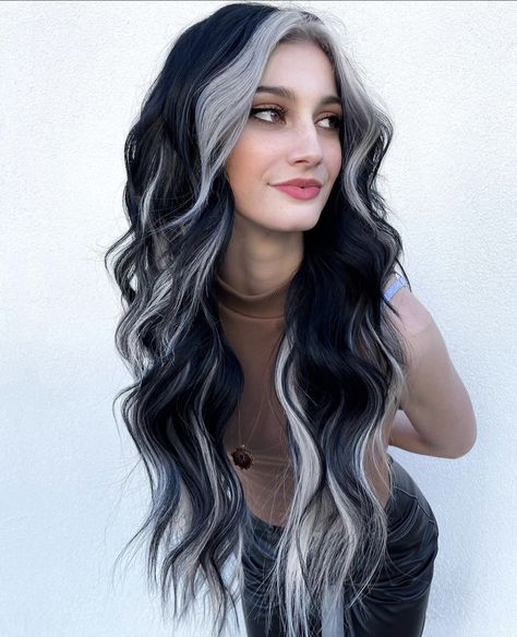 Black With Ash Highlights, Black Hair With Blonde Pieces Underneath, Long Layered Haircuts Goth, Grey And Black Hair Color, Black And Silver Ombre Hair, Gray Hair Black Highlights, Black With Silver Hair, Perimeter Hair Color, Dark Grey And Black Hair