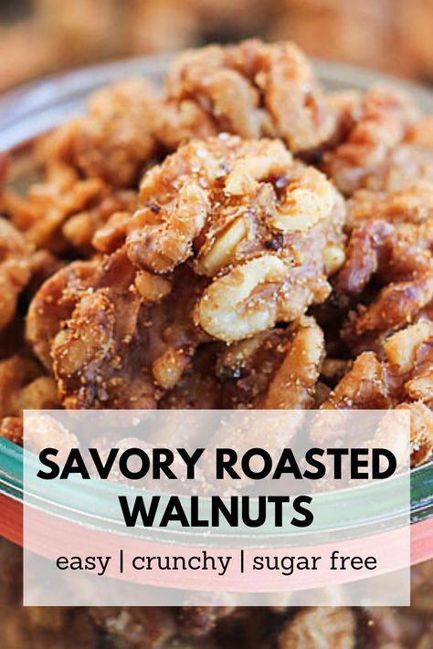 a jar of savory roasted walnuts. Toasted Walnuts Recipe Savory, Savory Walnut Snacks, Roasting Walnuts Recipe, Savory Roasted Walnut Recipes, Seasoned Nuts Recipe Healthy, Savoury Walnut Recipes, Keto Seasoned Nuts Recipe, Savory Walnuts Recipe, Baked Walnuts Recipe