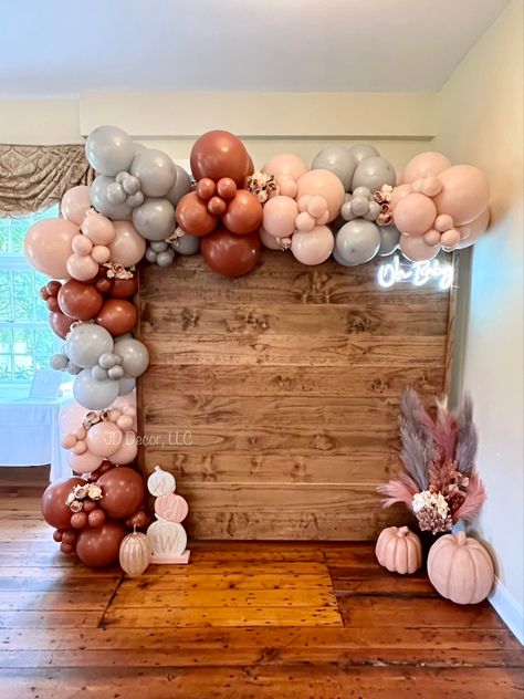 Baby girl shower, fall baby shower, pumpkin theme, baby shower balloons, fall baby shower, pumpkins, pampas, wood backdrop, wood wall, balloon garland, balloons and florals Pink Pumpkin Baby Shower Ideas Boho, Fall Baby Shower Photo Backdrop, Fall Theme Baby Shower For Girl, Fall In Love Baby Shower Theme Girl, Boho Fall Baby Shower Ideas Girl, Fall Baby Shower Balloon Arch, Fall Themed Baby Shower Ideas For Girl, Fall Baby Shower Themes Girl, Fall Baby Girl Shower Ideas