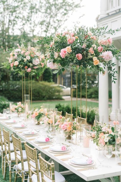 Wedding Centerpieces Rectangle Table, Long Table Floral Arrangements, Rectangle Wedding Table Decor, Floral Tablescapes, Top Table Flowers, Chuppah Decor, Centrepiece Ideas, Long Table Wedding, Table Floral Arrangements