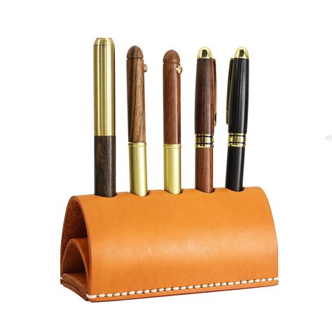 Handcrafted Leather Desktop Pen Holder - New Arrives - FeelGift Leather Pen Case Pattern, Leather Pen Holder, Leather Business Organizer With Pen Slots, Modern Leather Organizers, Rectangular, Modern Leather Organizer, Rectangular Shape, Office Supplies Gift, Cool Office Supplies, Cute Notebooks, Leather Art