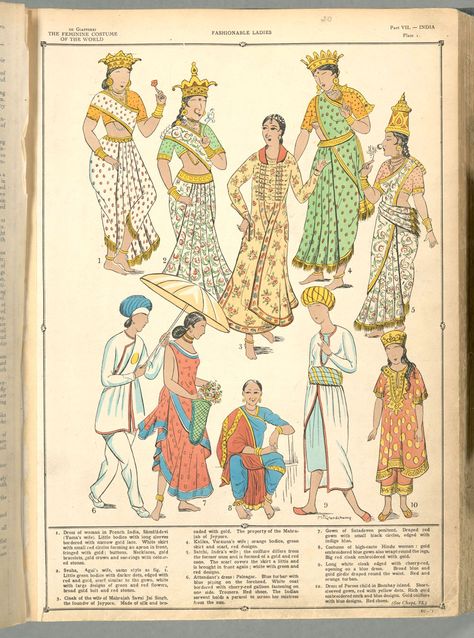 Illustrations: Indian women's fashion from the early 20th century and before Ancient Fashion Indian, Indian Historical Fashion, Medieval Indian Clothing, Ancient Indian Clothing, Vintage Indian Fashion, Historical Outfits, Inspirational Clothing, Traditional Women, Architecture Collection