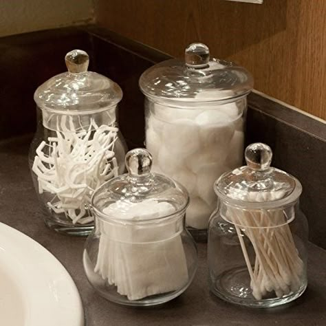 Apothecary Bathroom, Apothecary Jars Bathroom, Apothecary Jars Decor, Bathroom Diy Ideas, Bathroom Jars, Bathroom Counter Decor, Small Glass Jars, Glass Apothecary Jars, Restroom Decor