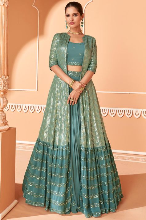 Buy Teal Georgette Embroidered Top & Skirt Set With Long Cape Online | Like A Diva Indo Western Lehenga, Western Lehenga, Modest Evening Dress, Party Wear Lehenga, Designer Dresses Casual, Top Skirt Set, Party Wear Indian Dresses, Lehenga Designs, Thread Embroidery