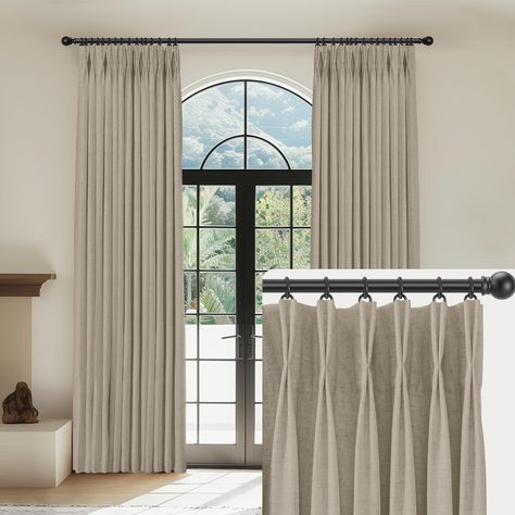 PRICES MAY VARY. Pinch Pleated Curtains of Package: Each Package include 2 panels of pinch pleated curtains blackout and 20 hooks (without rings), each panel is 40 inches wide and 108 inches long, the linen blackout curtains suitable for bedrooms, living room, dining room, nursery, kitchens, farmhouse and more. 100% Blackout Curtains：The pinch pleat linen curtains have a 205g heavyweight white lining, which is designed to block out 100% sunlight, uv rays and work well in noise reducing,thermal i Tan Living Room Curtain Ideas, Apartment Living Room Curtains Ideas, Huge Windows Living Room Curtains, Living Room 3 Window Curtains Ideas, Curtains For Farmhouse Bedroom, Dining Room Decor Curtains, High End Curtains Living Rooms, Living Room Curtain Ideas Modern, Curtains Tall Ceilings