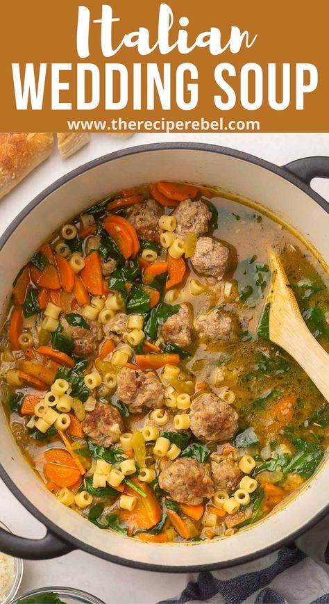 Italian Wedding Soup is loaded with homemade Italian meatballs, pasta, savory vegetables, salty parmesan, and classic Italian seasoning. It's one of our favorite soups for lazy winter days, but it's great for hearty dinners any time of year. #soup #recipe | dinner ideas | dinner recipes | soup recipes | meatball recipe | healthy dinner | easy recipes Italian Wedding Soup With Ditalini, Wedding Soup Meatball Recipe, Dinner Recipes Soup, Healthy Dinner Easy, Meatballs Pasta, Wedding Soup Recipe, Homemade Meatballs Recipe, Mexican Meatball Soup, Homemade Italian Meatballs