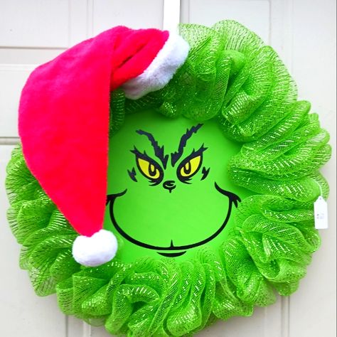 Handcrafted 18 Inch Deco Mesh Wreath. Deco Mesh Christmas Decorations, Grinch Head Door Hanger, Grinch Christmas Decorations Bathroom, Grinch Pizza Pan Wreath, Funny Wreath Ideas, Grinch Welcome Sign Front Door, Wreath Decorating Contest Ideas, Grinch Diy Wreath, Grinch Door Hanger Wood